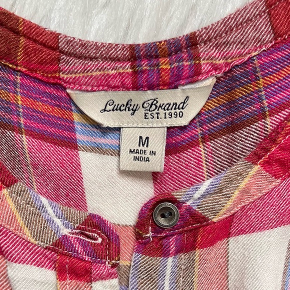 Lucky Brand Colorful Plaid Sleeveless Buttondown Tunic Top, Red Pink White - Picture 9 of 10